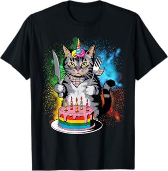 Funny Cat Unicorn with A Birthday Cake T-Shirt