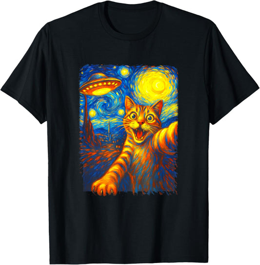 Cat Selfie With Alien Ufo Funny Starry Night Van Gogh T-shirt