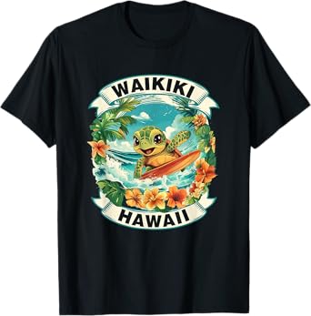 Waikiki Hawaii Cute Sea Turtle Surfing Summer Vacation T-Shirt