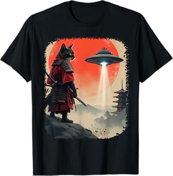 Samurai Black Cat Japanese UFO Vintage Graphic Ukiyo-e Art T-Shirt