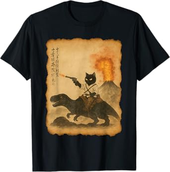 black cat samurai riding dinosaur volcanic eruption art T-Shirt