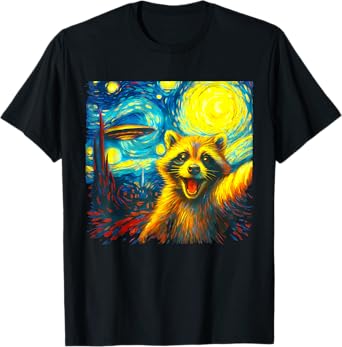 Raccoon Selfie With Alien UFO Funny Starry Night Van Gogh T-Shirt