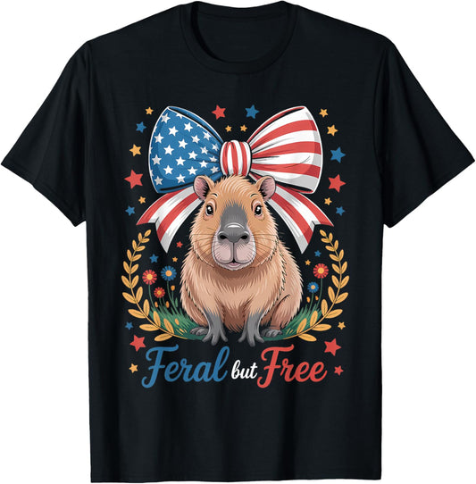 Cute Capybara Feral But Free 4th Of July Patriotic For Girl T-shirt