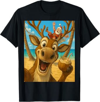 Funny Reindeer Beach Selfie - Christmas in July T-Shirt