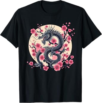Vintage Chinese Dragon Asian Art Cherry Blossom Pink Flower T-Shirt