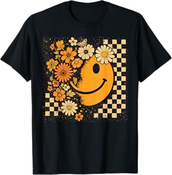 Floral Smile Face Halloween Spooky Vibes Women Teen Girl Kid T-Shirt