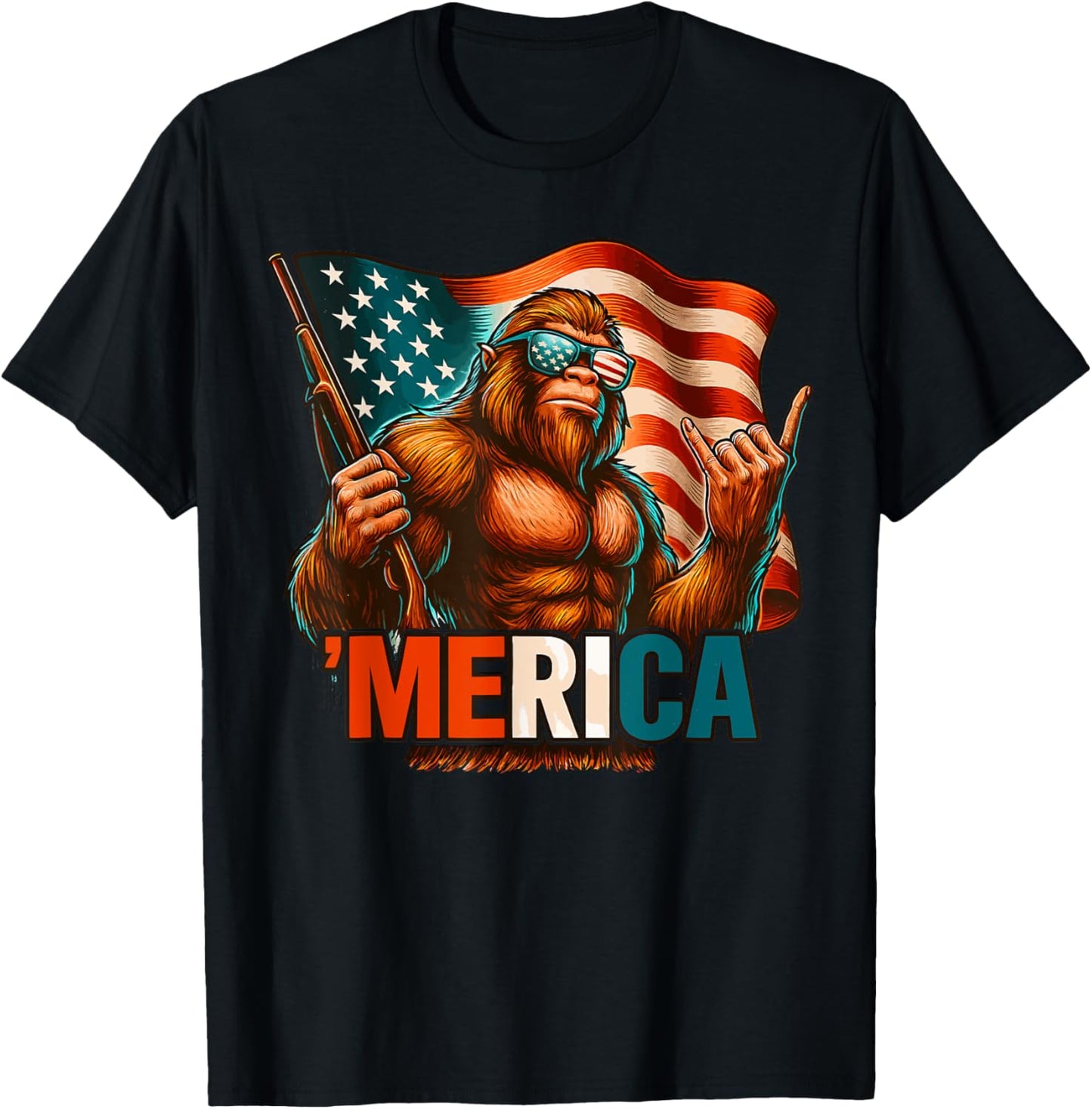 Bigfoot Merica Rock American Flag USA Patriotic 4th Of July T-Shirt