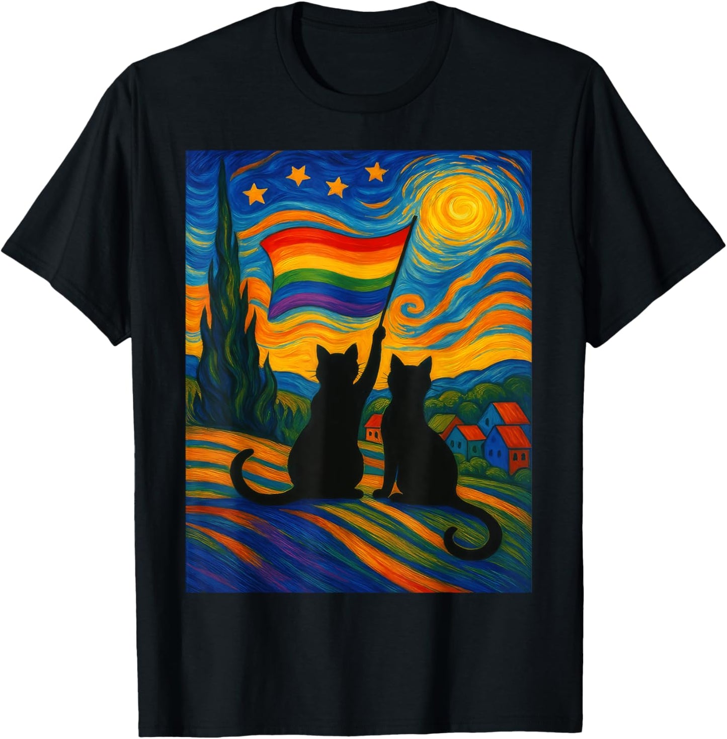 Gay Pride Cat Art Cat Starry Night Style LGBTQ Pride Support T-Shirt