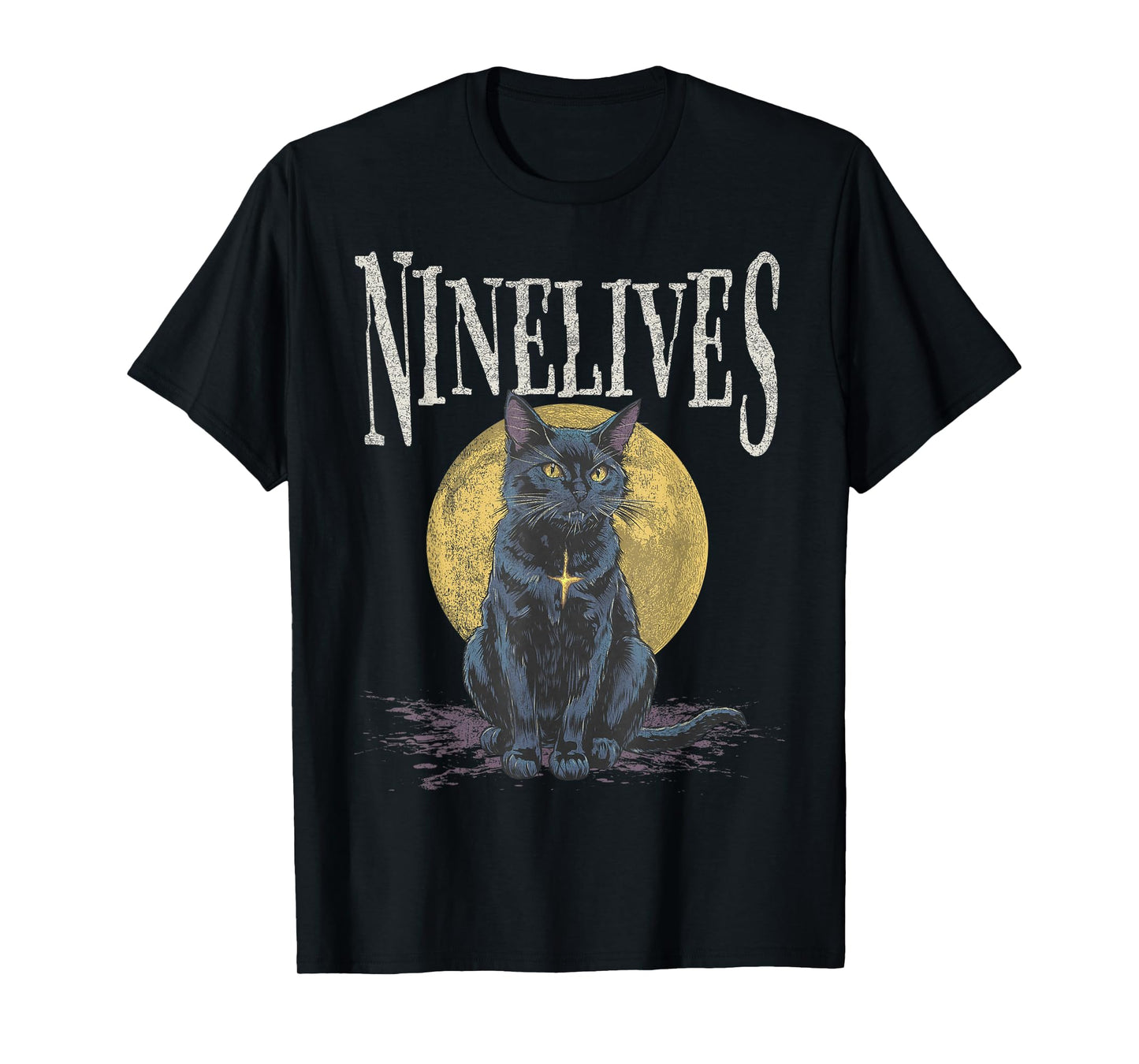 Vintage Retro Nine Lives Cat Moon Graphic Tee T-Shirt