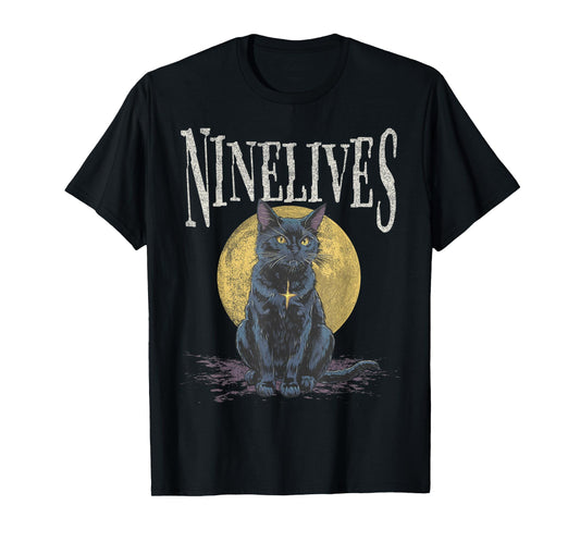 Vintage Retro Nine Lives Cat Moon Graphic Tee T-Shirt