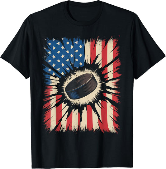 Patriotic Hockey 4th Of July Vintage American Flag Men Boys T-shirt