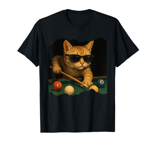 Cat Playing Pool Billiards in Lounge Cool Funny Cats T-Shirt