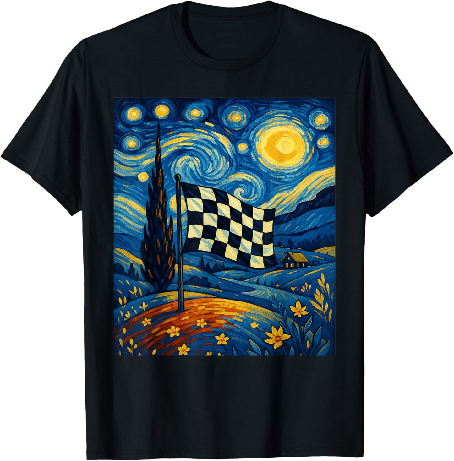Van Gogh Starry Night Checkered Flag Racing car race crew T-Shirt