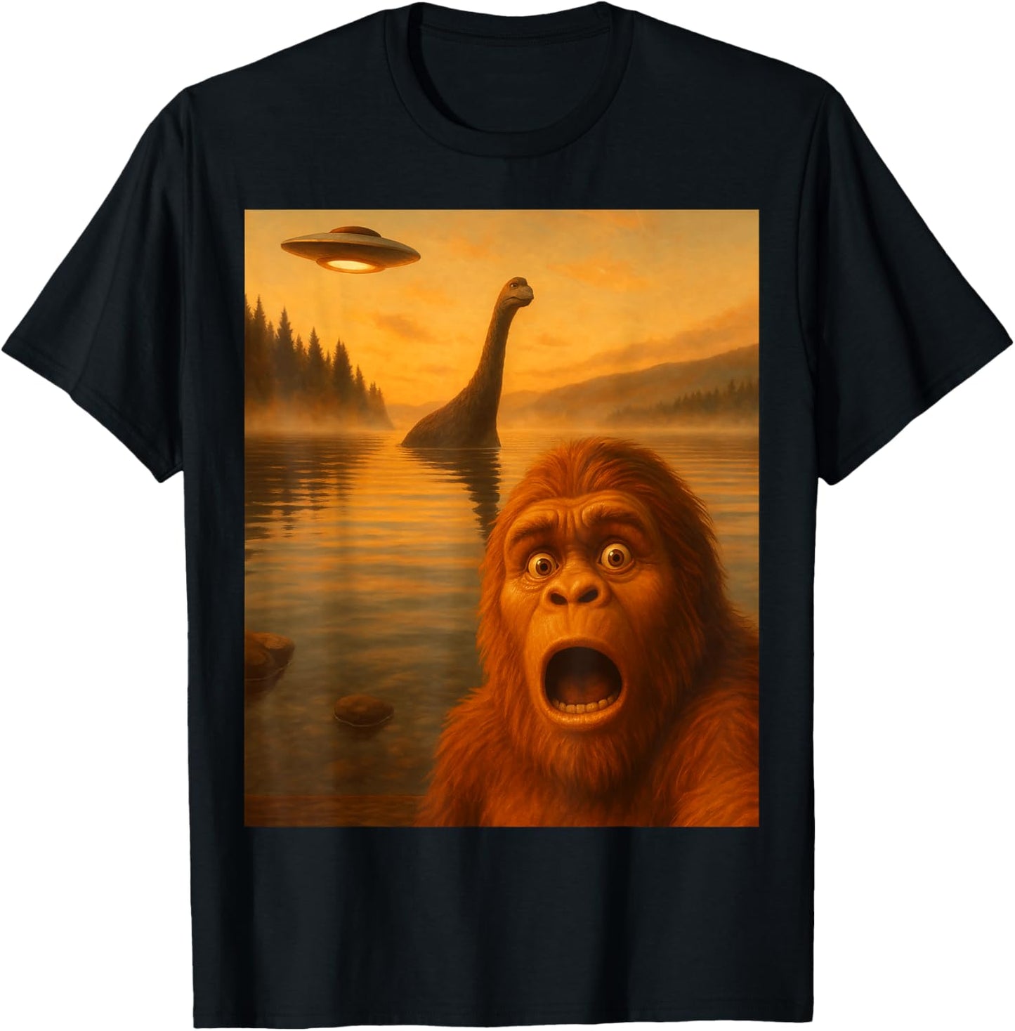 Bigfoot Selfie With UFO Aliens Loch Ness Monster Graphic T-Shirt
