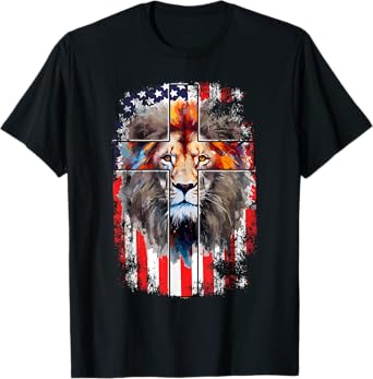 Christian God Faith US Flag Cross Jesus Lion Of Judah T-Shirt