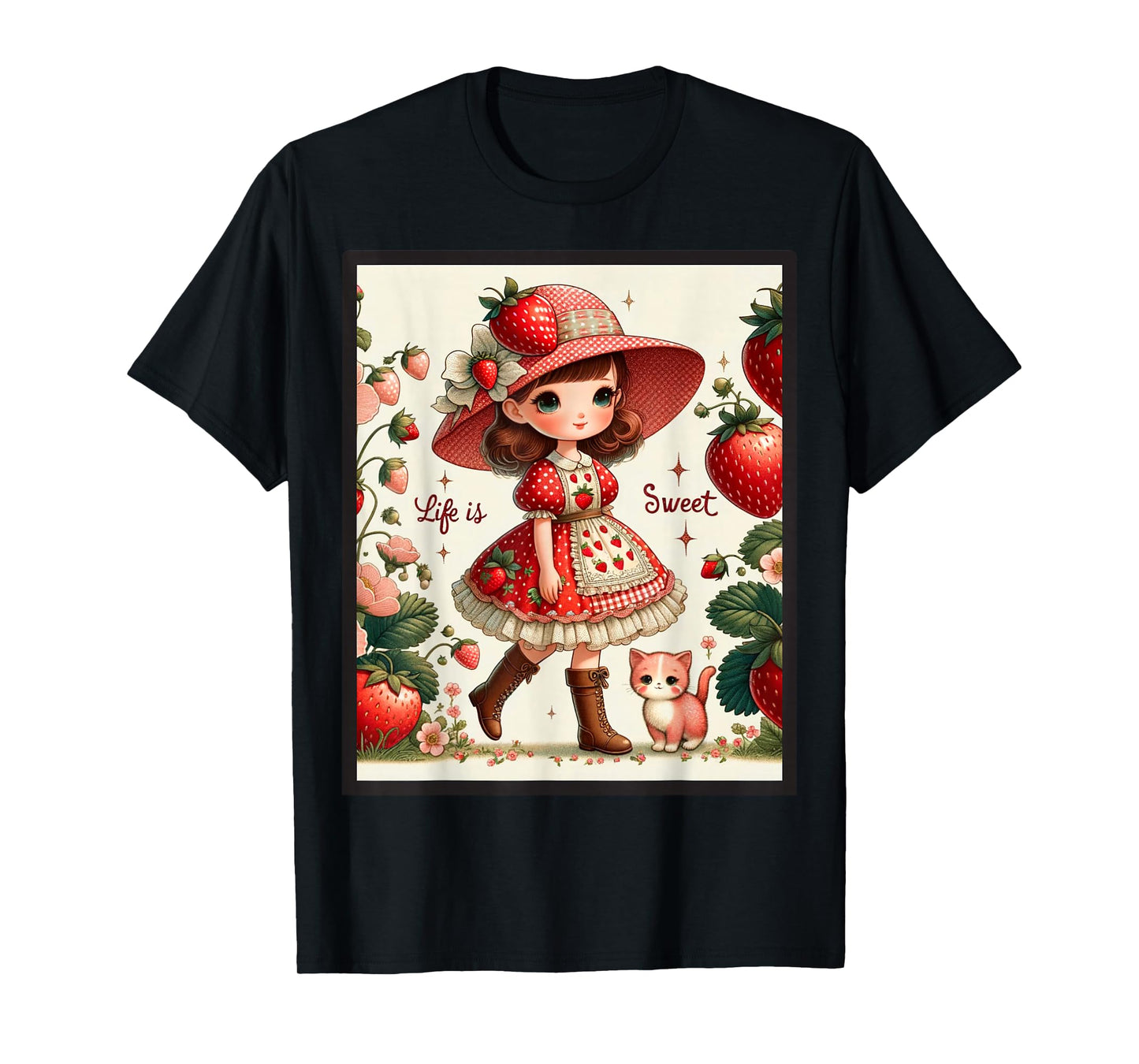 Cute Life Is Sweet Strawberry Cake Vintage Berry Garden T-Shirt