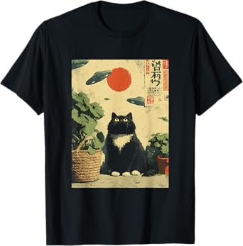 Cute Vintage Japanese Cat UFOs Space Aliens Kids Adults T-Shirt