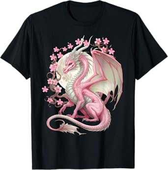Vintage Chinese Dragon Asian Art Cherry Blossom Pink Flower T-Shirt