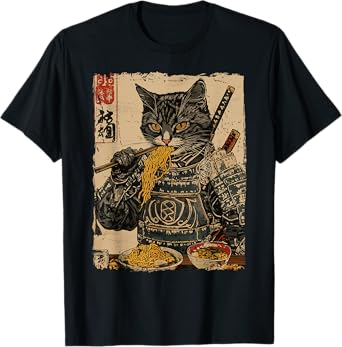 Samurai Cat Loves Ramen Funny Anime Japanese Artwork Samurai T-Shirt