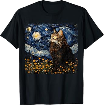 Starry Night Norwegian Forest For Cat Mom Cat Dad Funny Cat T-Shirt for Men Women Kids