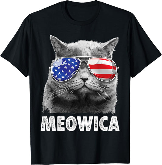 Meowica Cat 4th of July Merica Men Women USA American Flag T-Shirt