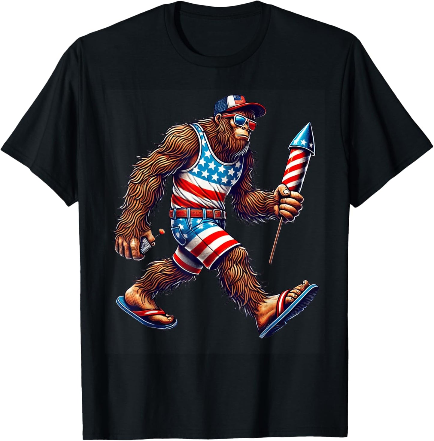 Bigfoot Fireworks Sasquatch 4th of July USA Men Boys Outfit T-Shirt