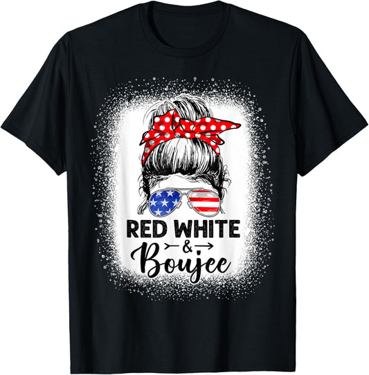 Red White and Boujee 4th of July Drinking Messy Bun Women T-Shirt