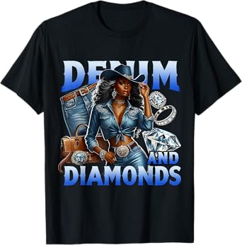 Denim And Diamonds Country Western Party Cowgirl Boots Bling T-Shirt