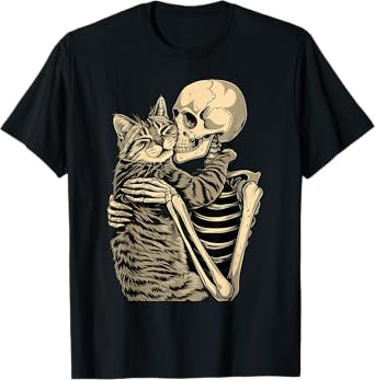 Skeleton Hugging Cat Halloween T-Shirt for Cat Lovers