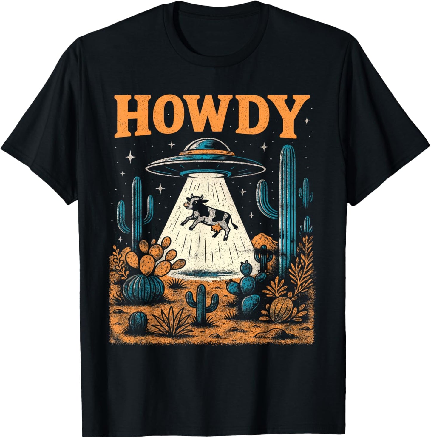 Howdy Western USA America Cowboy UFO Cow Alien Abduction T-Shirt