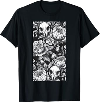 Skull Bird Baroque Vintage Flower Halloween Rose T-Shirt