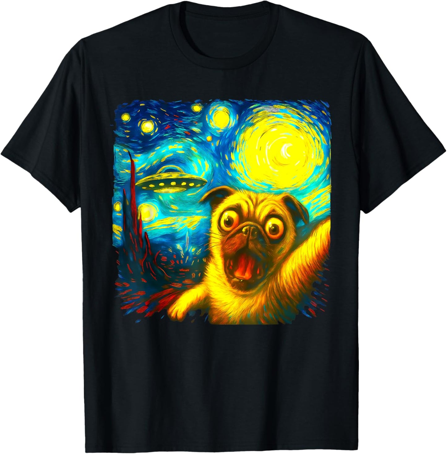 Pug Selfie With Alien Ufo Funny Starry Night Van Gogh T-shirt