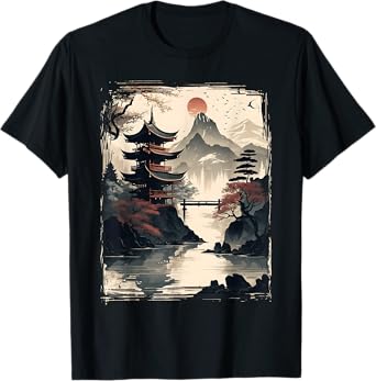Vintage Japanese Flower Tee Mountain View Landscape Graphic T-Shirt