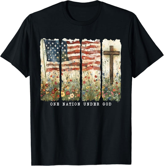 One Nation Under God Flag 4th Of July Patriotic Christian T-Shirt