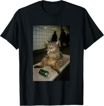 Cat Meme Smoking Cigarette a Funny Kitten with Beer Can T-Shirt