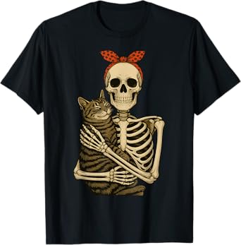 Skeleton Hugging Cat Halloween Cat Lovers Bandana Women Kid T-Shirt