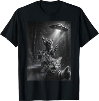 Funny Animal Humor Raccoon Riding Tiger UFO Cat Selfie T-Shirt