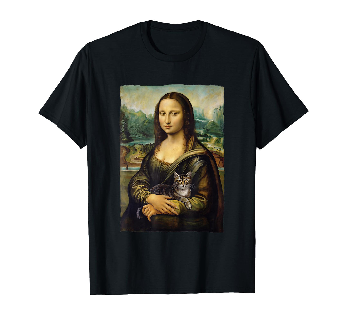 Mona Lisa Holding Grey Cat Portrait Art Painting T-Shirt