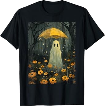 Ghost Holding Umbrella In The Rain Forest Gothic Whimsical T-Shirt