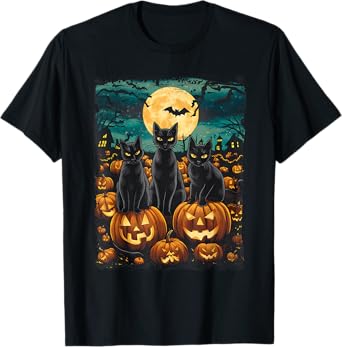 Black Cat Pumpkin Halloween Starry Night Cat Van Gogh Cat T-Shirt for Men Women Kids