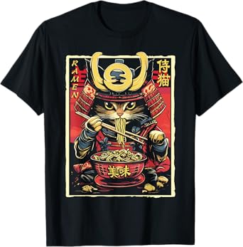 Japanese Samurai Ninja Cat Eating Ramen T-Shirt