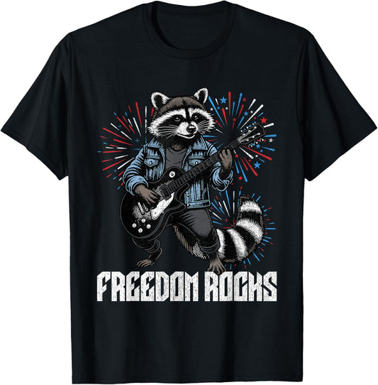 Freedom Rocks Raccoon Guitar 4th of July Rock N Roll Star T-Shirt