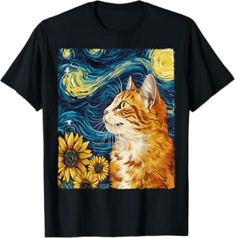 Cat Starry Night Apparel Gifts Graphic Tees Cat Mom Cat Dad Unisex-Adults Unisex-Kids Black Small Round Collar Sunflower Graphic Modern T-Shirt