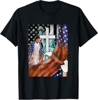 Bald Eagle with Jesus Christ and American Flag Women Kids Men T-Shirt