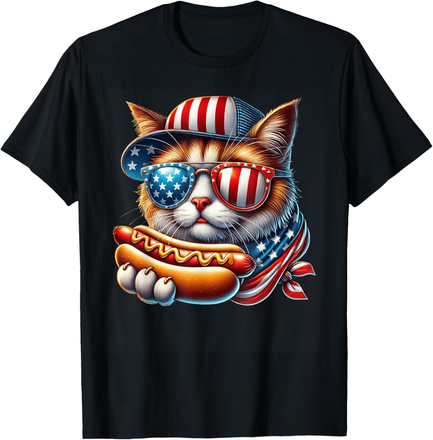 4th of July Hotdog Cat Funny Patriotic Cat USA Flag Men Boys T-Shirt
