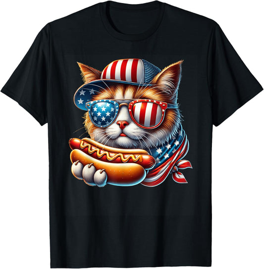 4th of July Hotdog Cat Funny Patriotic Cat USA Flag Men Boys T-Shirt