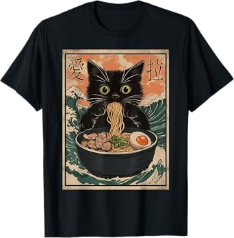 Cat Ramen Japanese Art Great Wave Kanagawa Funny Graphic T-Shirt