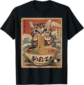 Cat Eating Ramen Noodles Kawaii Anime Manga Japanese Food T-Shirt