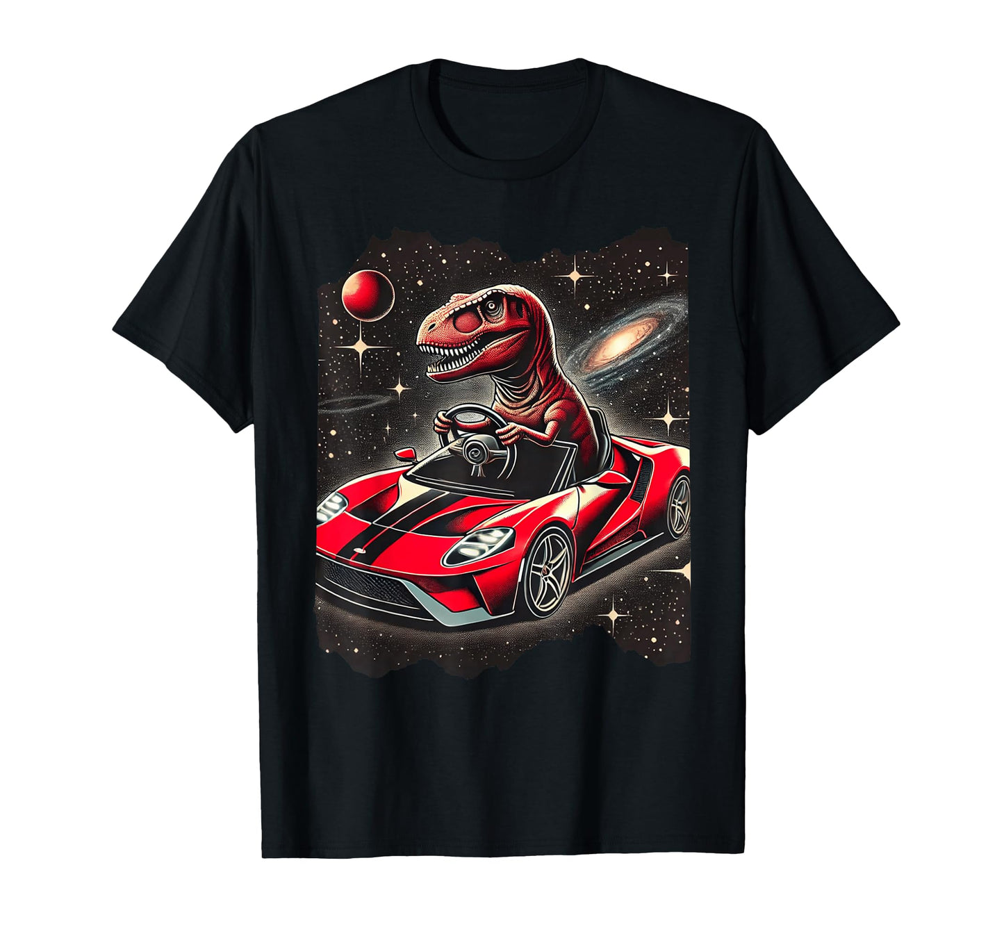 T Rex Dinosaur Driving Sports Car In Space Tyrannosaurus Rex T-Shirt