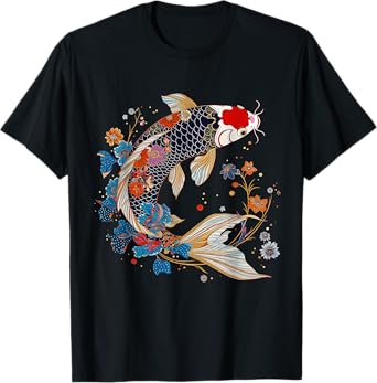 Koi Fish Vintage Flower Pattern Japanese Art Floral Koi Carp T-Shirt
